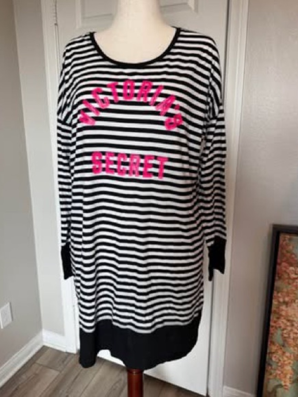 Like new Victoria's Secret Black & White Striped Tunic with Hot Pink Logo- Large